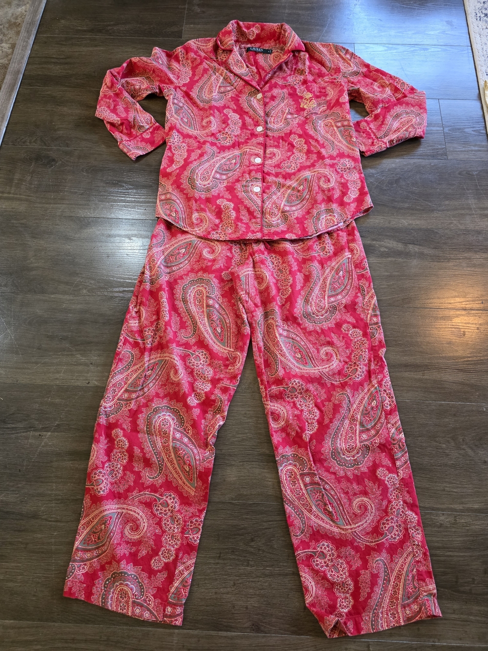 Ralph Lauren Womens Red Paisley Silk blend Cotton Pajama Set size Small